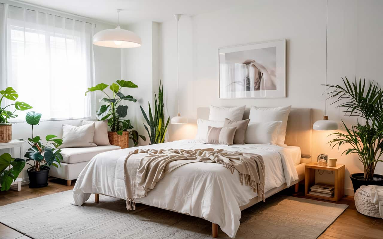 White minimalist bedroom with indoor plants, wooden bedside table, soft bedding, natural light, cozy elegant interior, Pinterest aesthetic.”