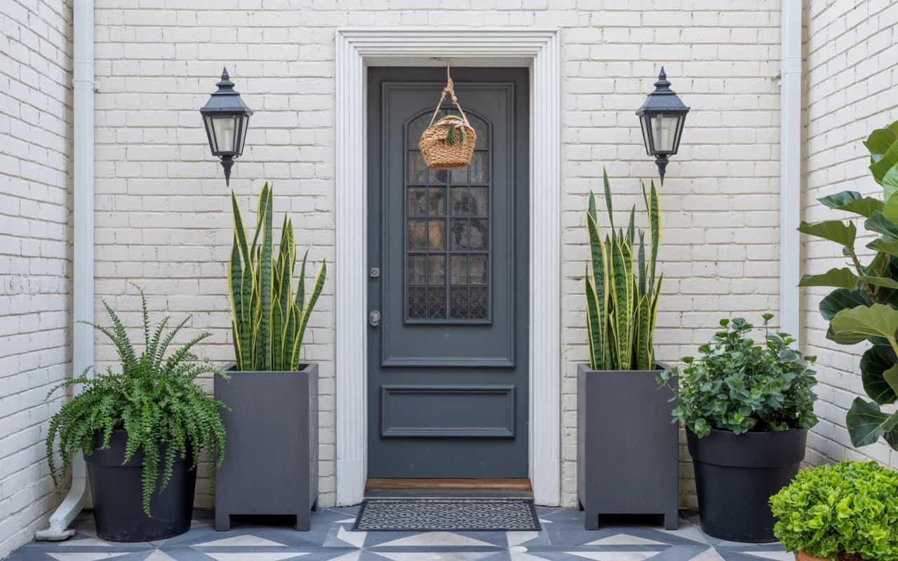 Home entrance decor entryway with indoor plants, modern planters, fresh and natural look