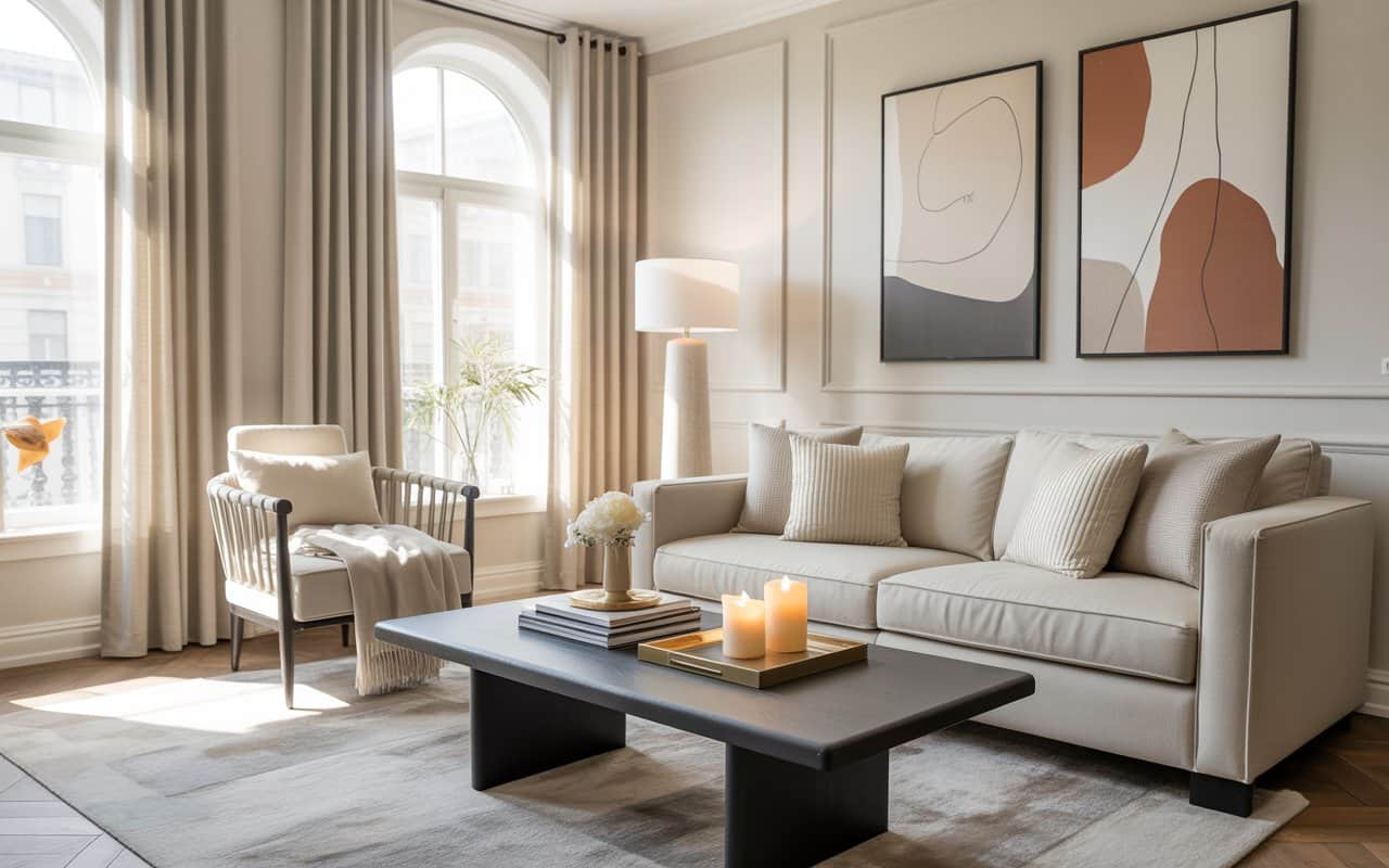 Styled coffee table with books, candles, tray, luxury home decor vibe