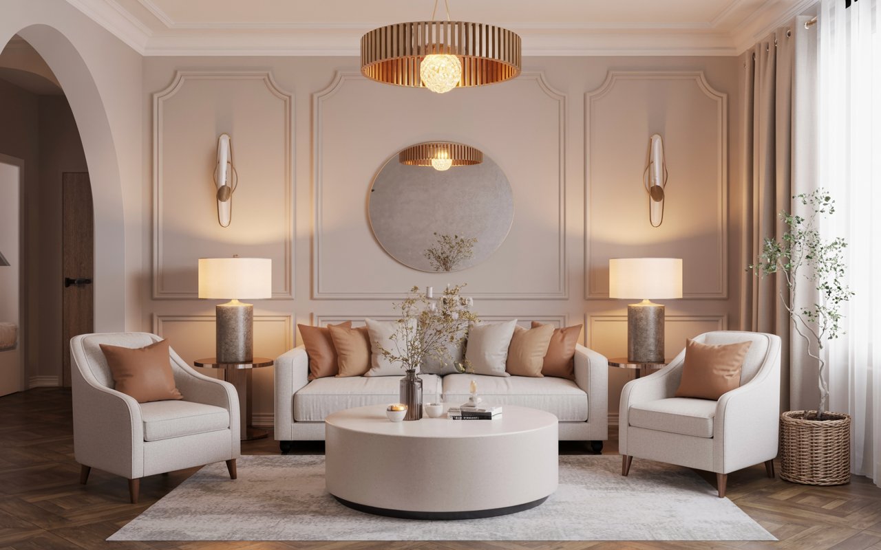 Elegant room with decorative mirrors, light reflection, luxury home decor aesthetic