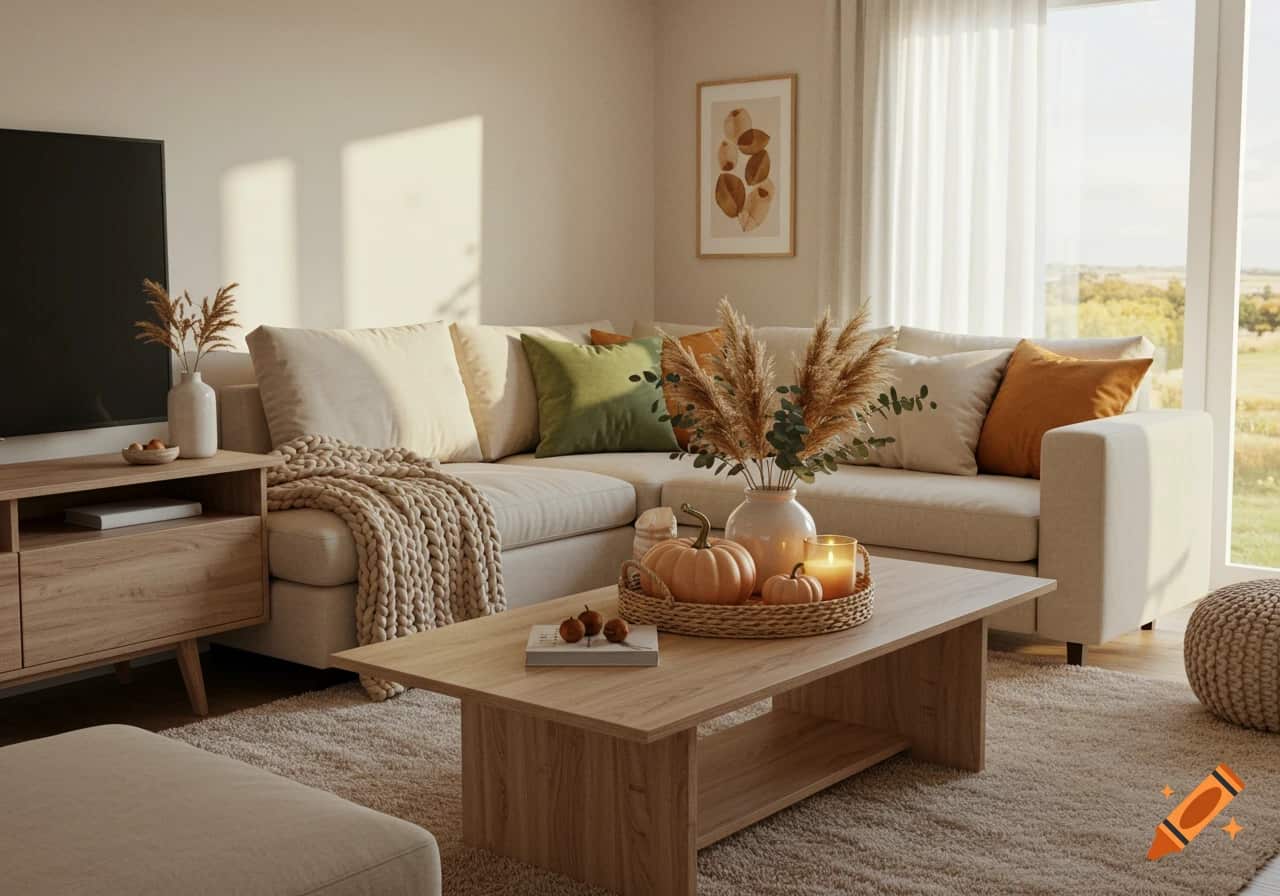 Small boho minimalist living room with light colors and simple furniture.
