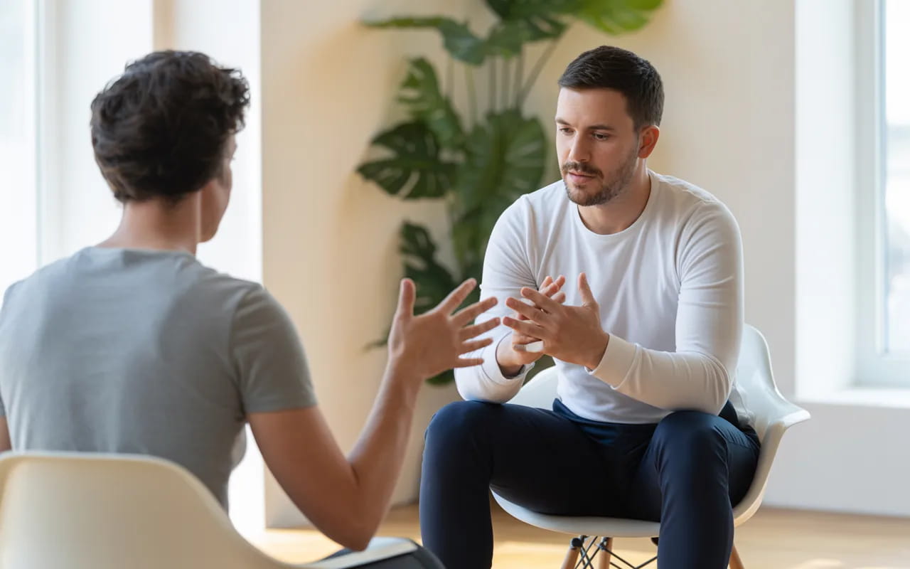 A wellness coach talking to a client in a bright, modern studio, discussing lifestyle habits, healthy living and mindfulness, calm and motivating atmosphere"