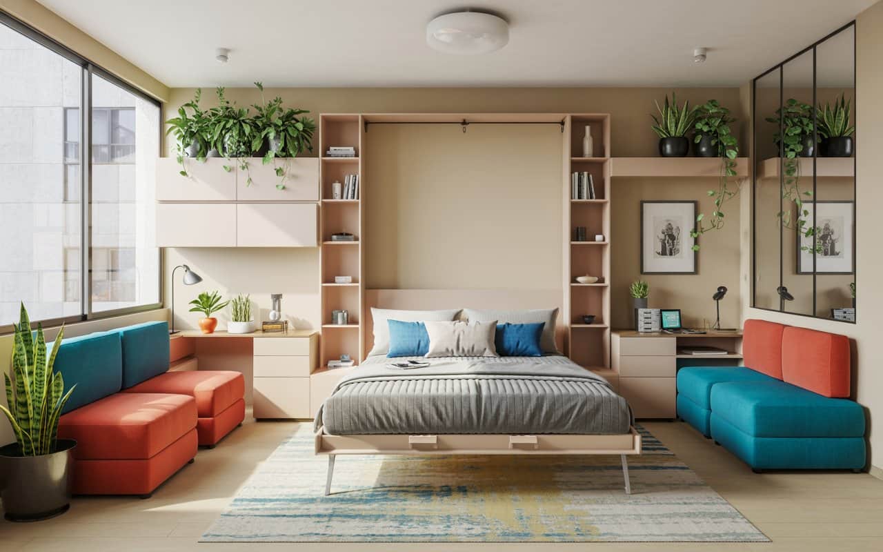 A small modern apartment with bright colors, mirrors, plants, and smart furniture placement.