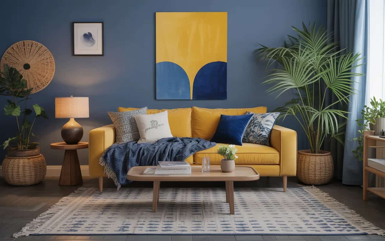 Yellow and blue living room with patterned cushions, textured rugs, layered throws, cozy and stylish modern interior