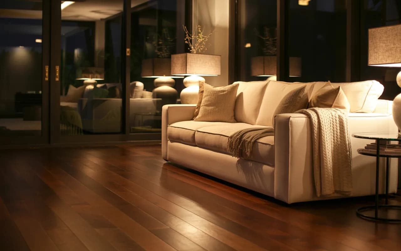 Modern living room with dark wooden floors, cream sofa, and warm lighting.