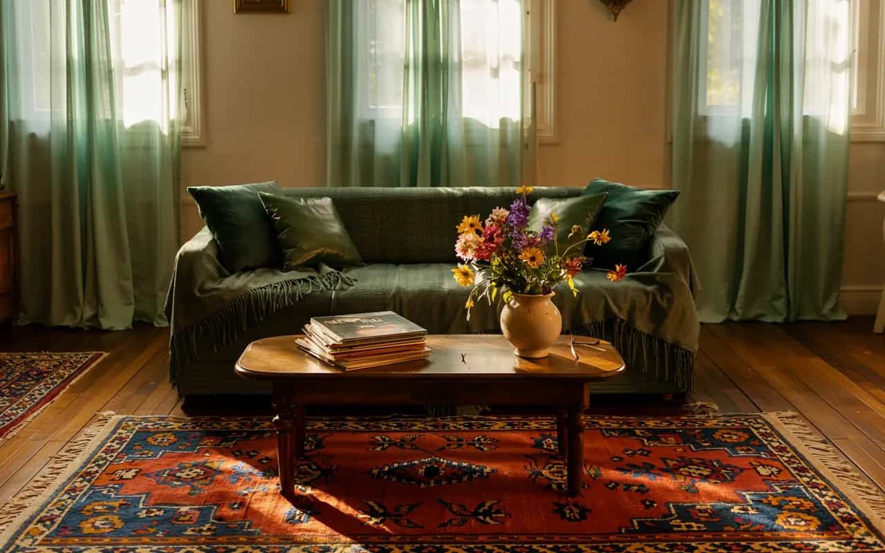 “2000s living room with abstract patterned rug, shiny throw pillows, colorful curtains, wooden flooring, retro vibe”