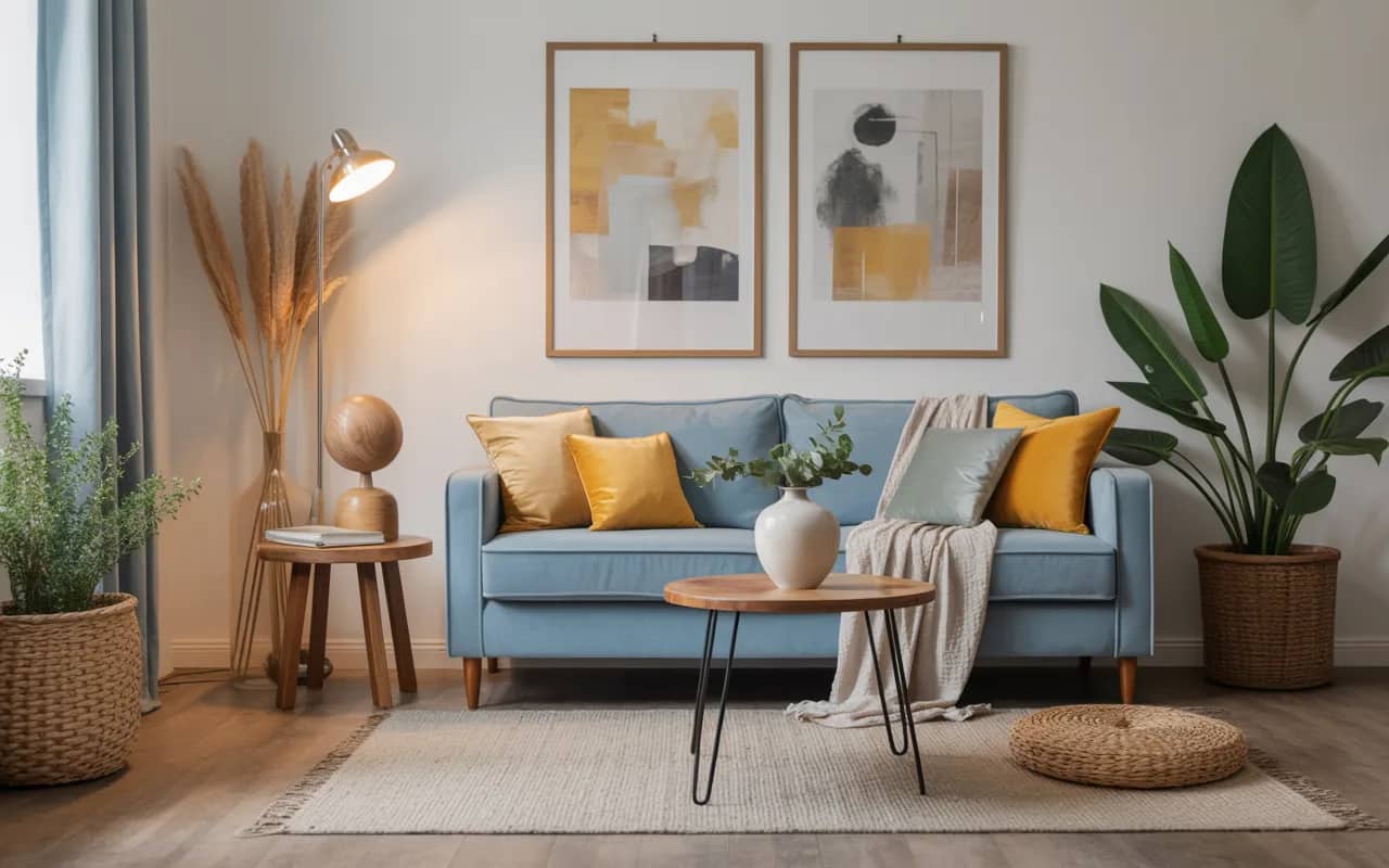 Living room with blue sofa, yellow cushions, wooden side table, decorative vase, cozy stylish interior, Pinterest-ready décor