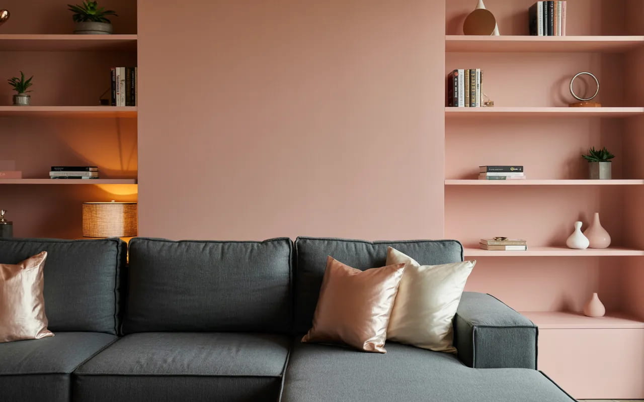 Grey living room with blush pink accent wall, grey sofa, decorative shelves, and cozy lighting