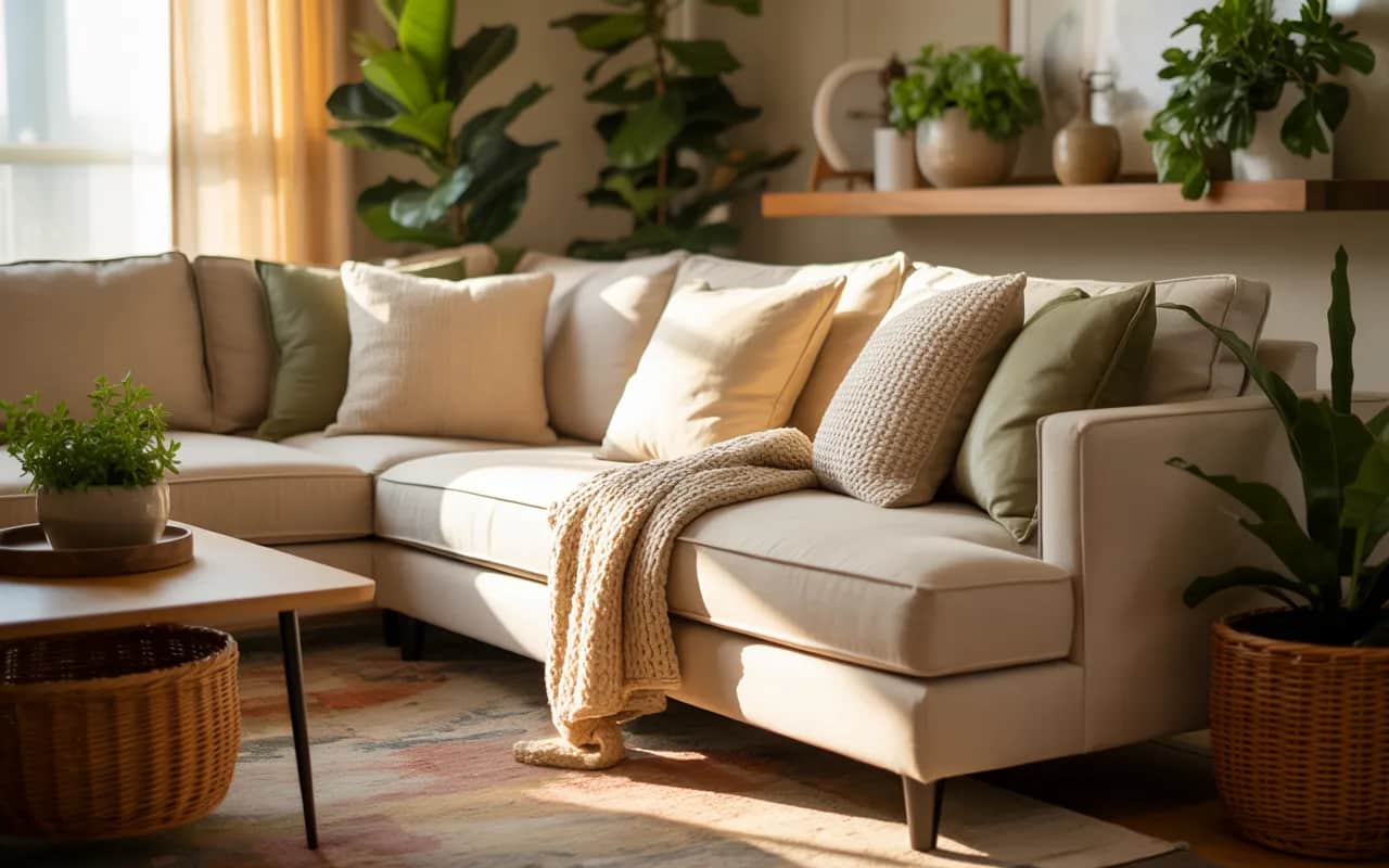 Cozy beige sofa living room with green accents, warm lighting, and soft textures.