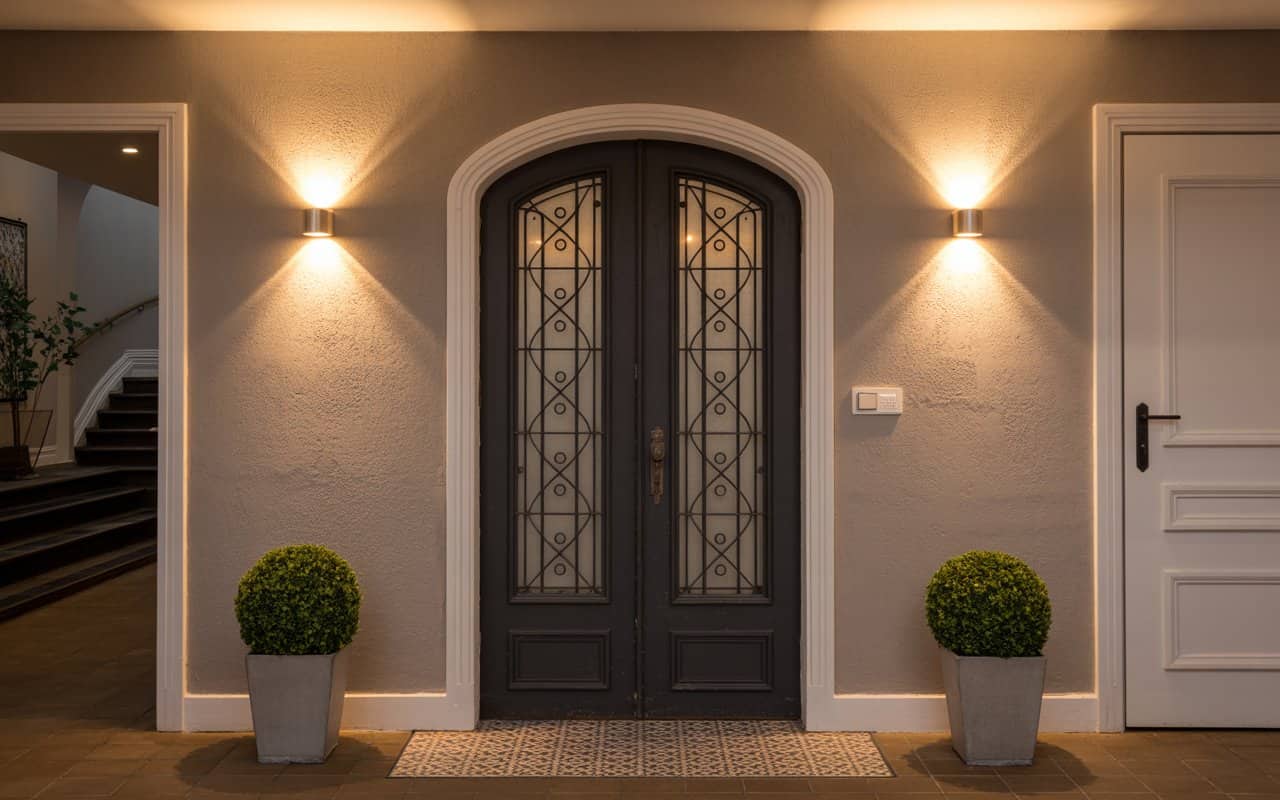 Home entrance decor entryway with warm wall lighting, cozy atmosphere, modern and elegant interior