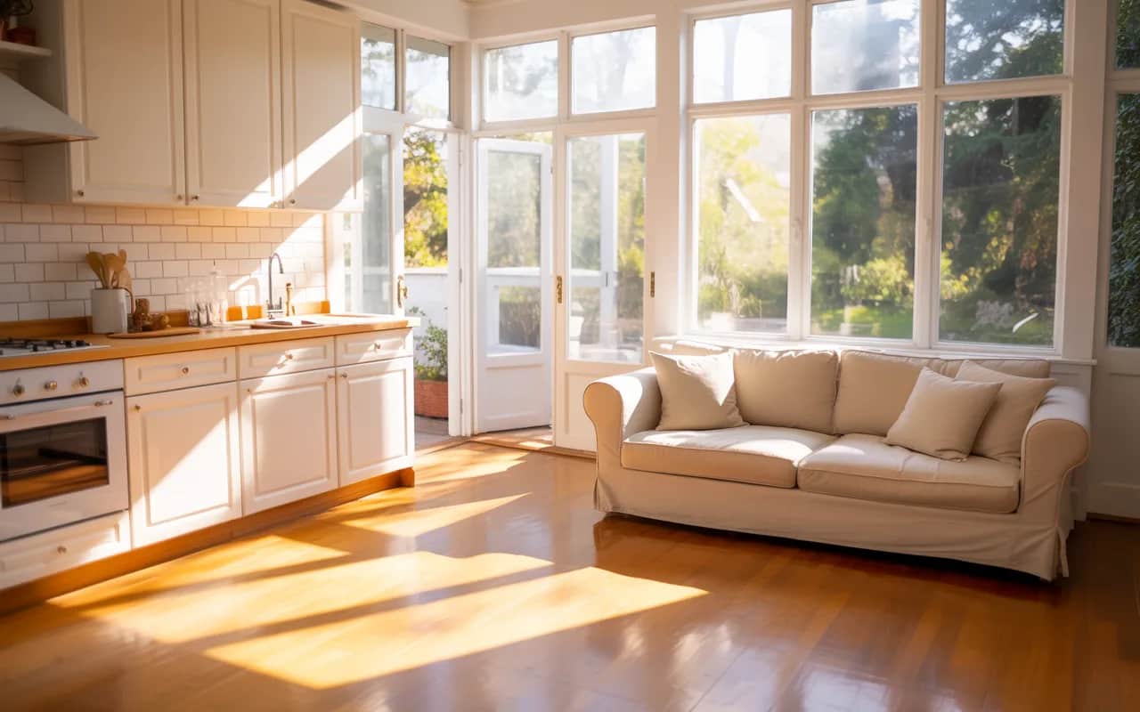 Small kitchen and living room combo with large windows and sunlight filling the space.