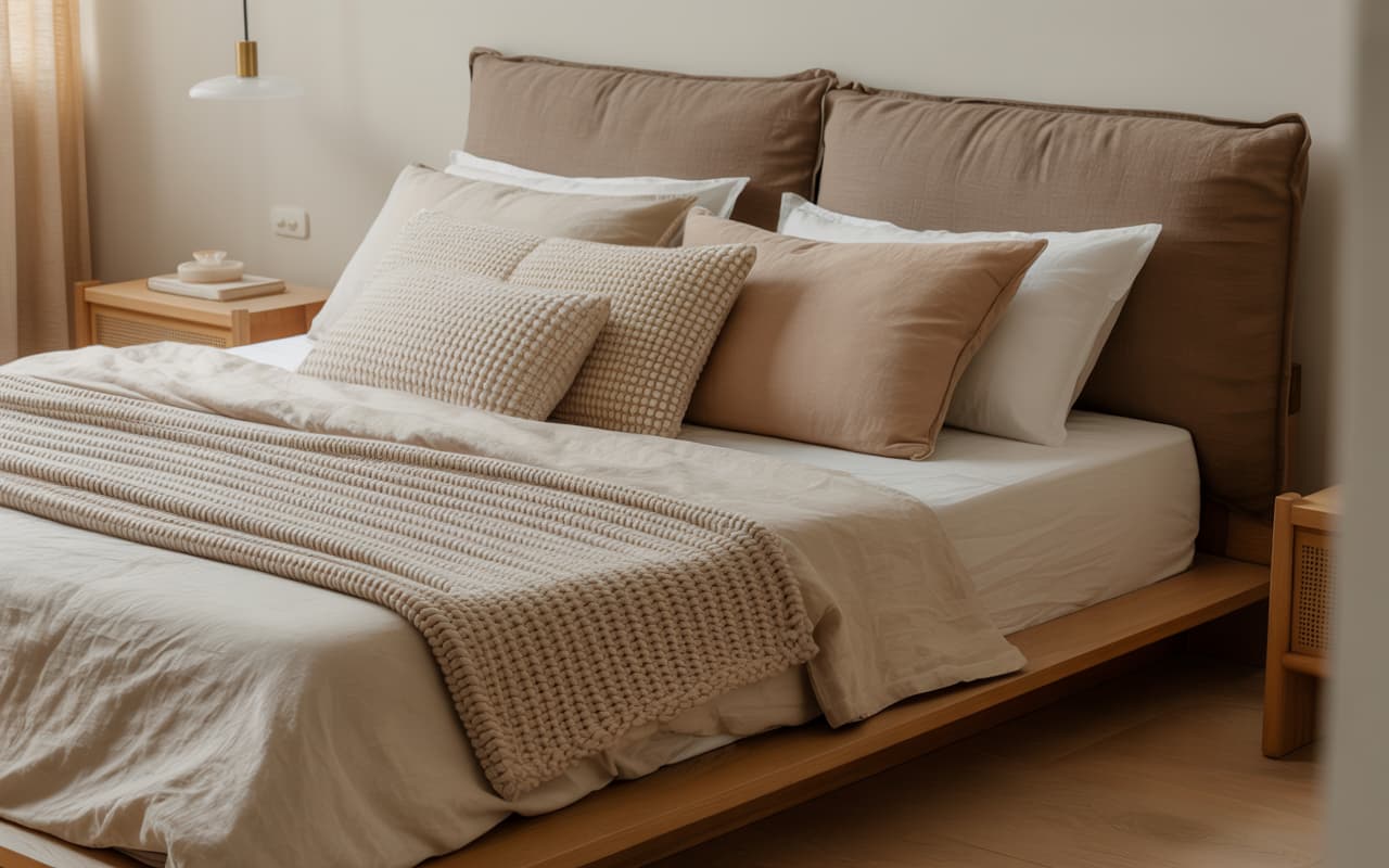 Minimalist cozy bedroom with layered bedding and stylish headboard