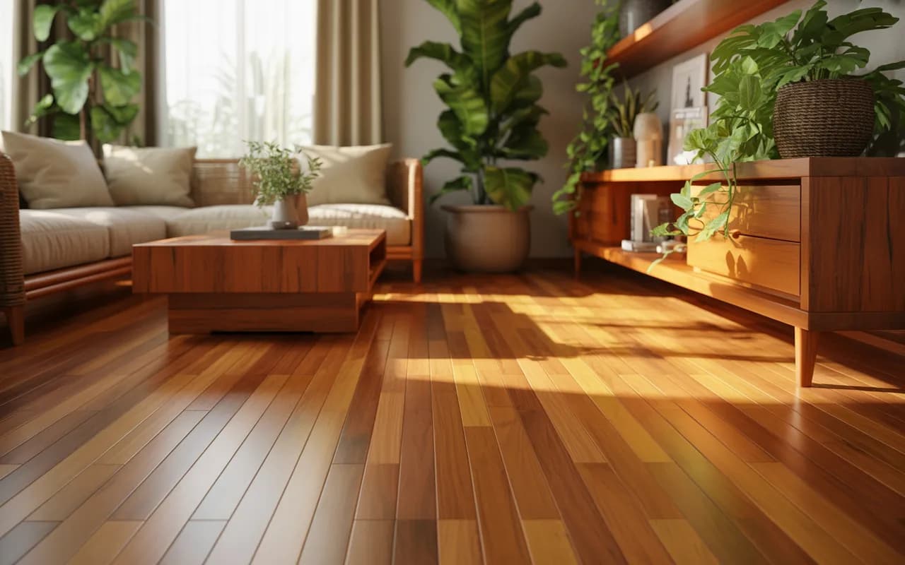 Living room with bamboo flooring, natural wood furniture, and potted plants.