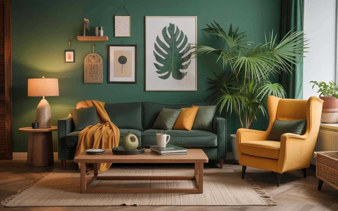 Living room with deep green sofa, mustard yellow armchair, wooden coffee table, stylish cozy interior, Pinterest-ready décor