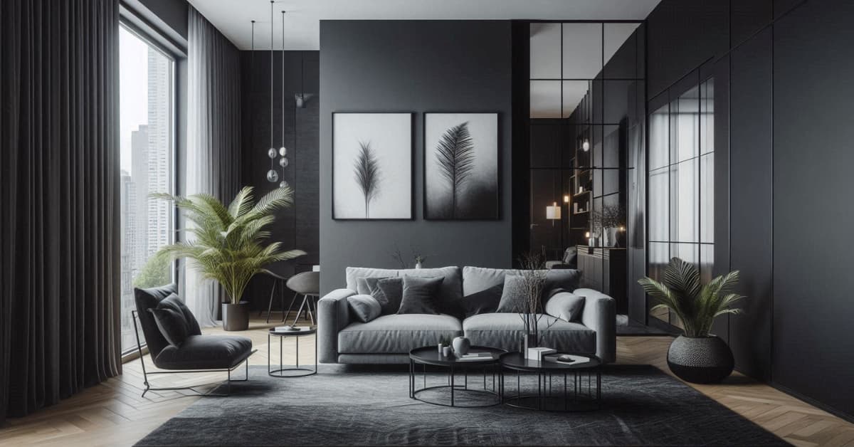 Living room with grey sofa, black accent wall, dark rug, metal coffee table, modern stylish décor, city apartment interior”