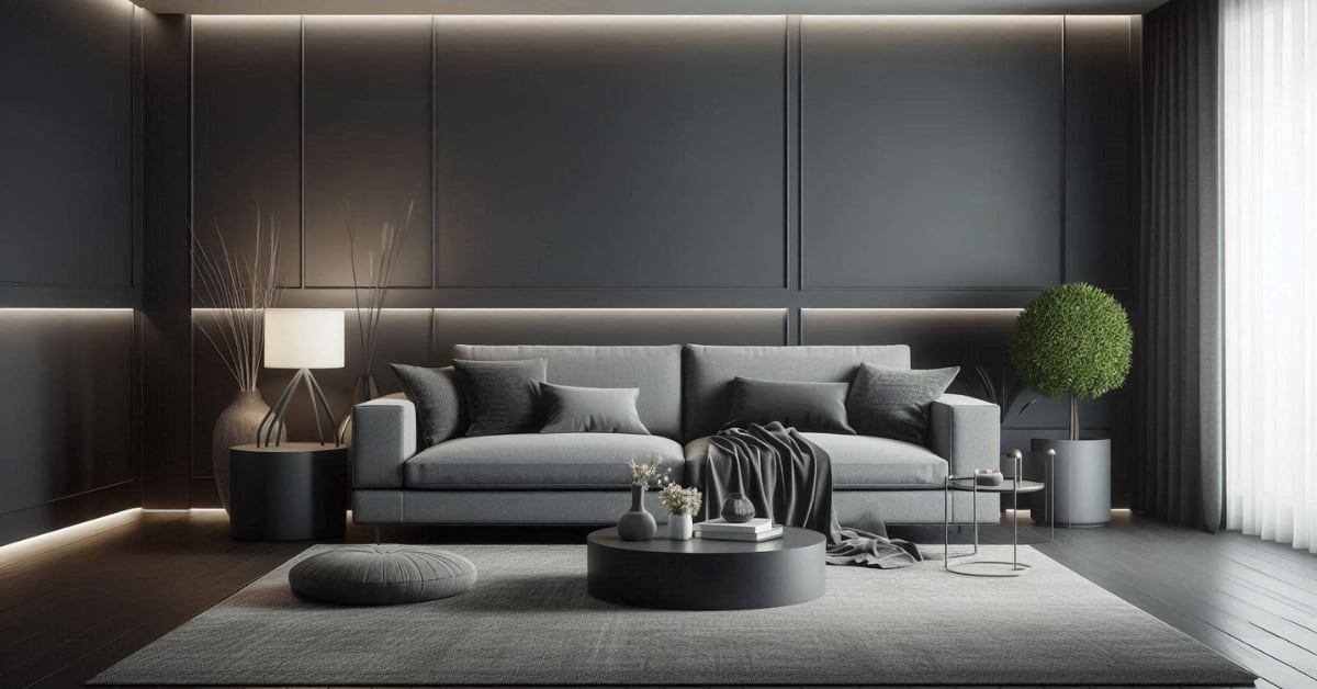 Modern living room with grey sofa, dark grey accent wall, light grey rug, textured cushions, stylish minimalist décor”