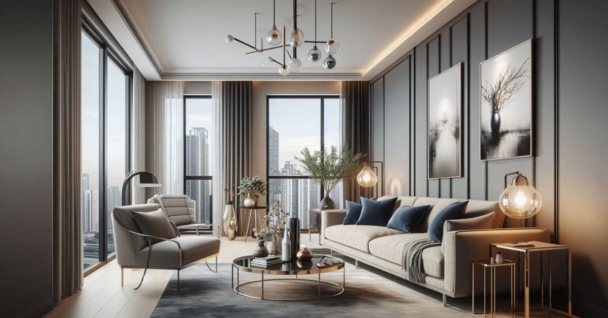 High-rise apartment living room with neutral gray walls, beige sofa, navy cushions, metallic accents, stylish modern décor”