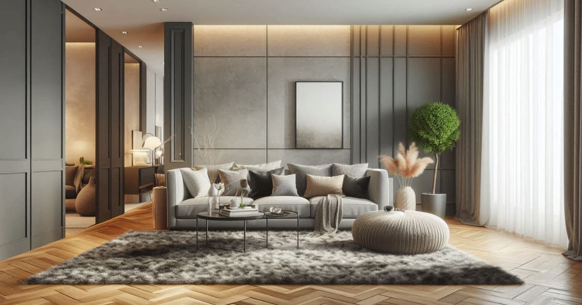 “Modern living room with grey sofa, layered rugs, wooden flooring, neutral walls, stylish cozy décor”