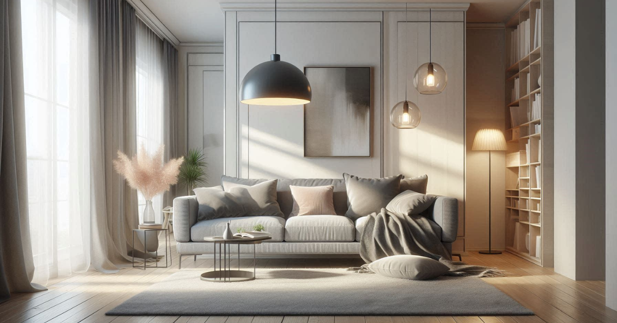 “Living room with grey sofa, floor lamp, pendant light, soft ambient lighting, cozy modern décor, bright interior”