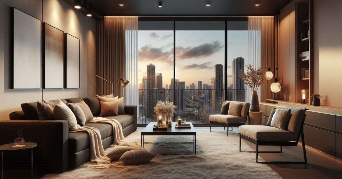 High-rise apartment living room with dark beige sofa, city skyline view, neutral furniture, layered textures, cozy décor”