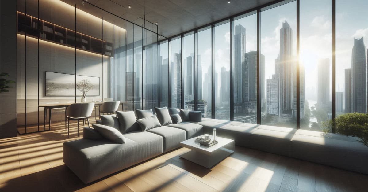 High-rise apartment living room with modular gray sofa, floating furniture, minimal coffee table, bright city skyline view