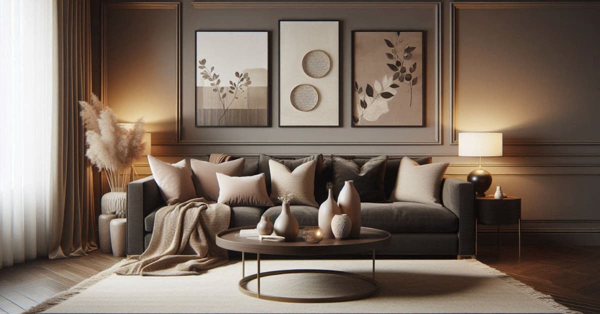 Living room with dark beige sofa, wall artwork, decorative vases, neutral rug, cozy stylish décor”