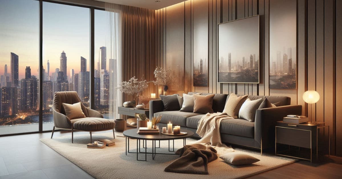High-rise apartment living room with dark beige sofa, city skyline view, neutral furniture, layered textures, cozy décor”