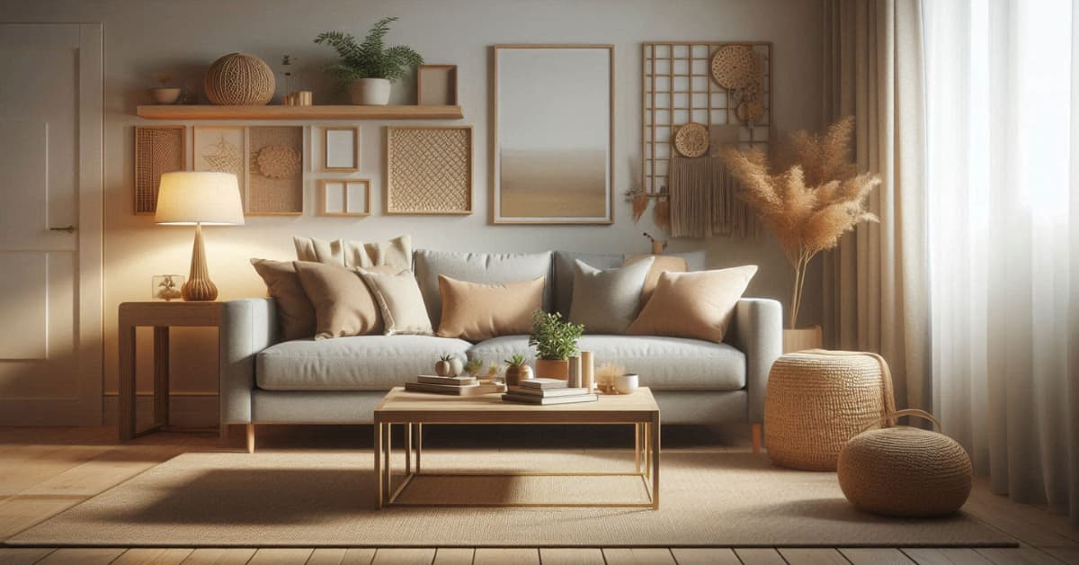 Grey sofa living room with tan cushions, wooden coffee table, beige rug, cozy modern décor, natural accents”