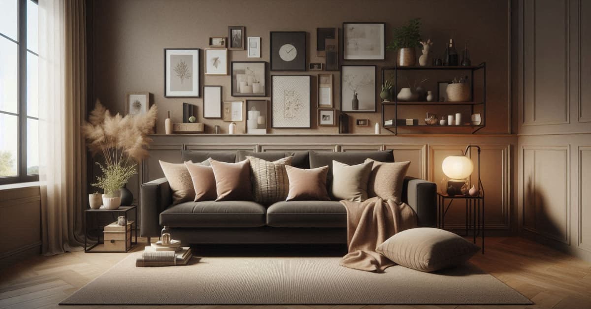 Living room with dark beige sofa, personalized décor items, layered cushions, neutral rug, cozy stylish interior”