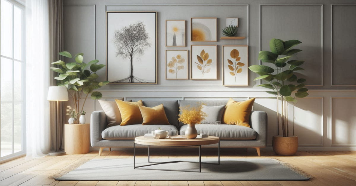 Living room with grey sofa, mustard yellow cushions, wooden coffee table, neutral walls, modern stylish décor”