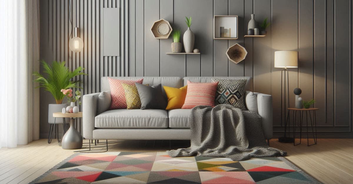 Modern living room with grey sofa, patterned cushions, geometric rug, textured throw, stylish contemporary décor”