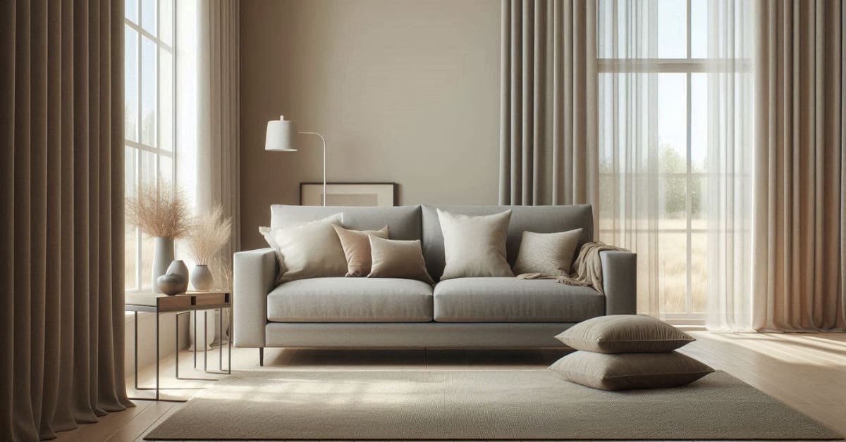 Grey sofa living room with beige walls, white accents, taupe rug, layered cushions, minimalist modern décor”