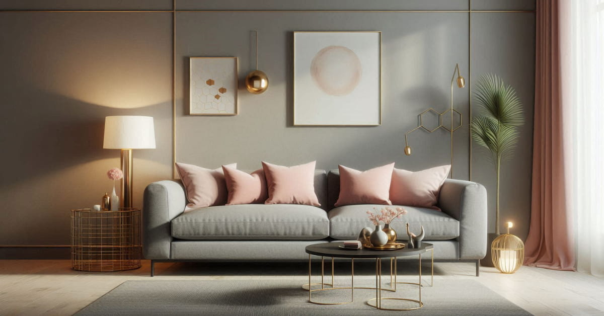 Modern living room with grey sofa, blush pink cushions, gold decorative accents, neutral walls, stylish contemporary décor”
