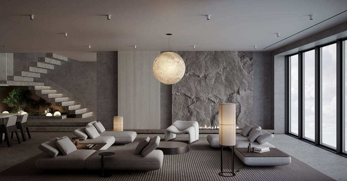 Small living room with concrete floor, pendant light, layered lighting, neutral décor, bright cozy interior