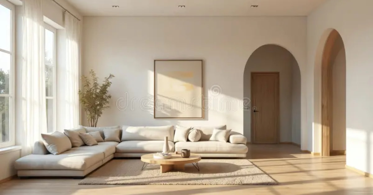 Small living room with concrete floor, dark beige sofa, wall art, decorative vases, neutral rug, stylish décor