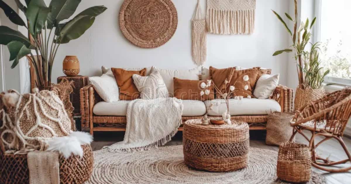 Small living room with concrete floor, seasonal cushions, layered throws, neutral sofa, modern stylish décor