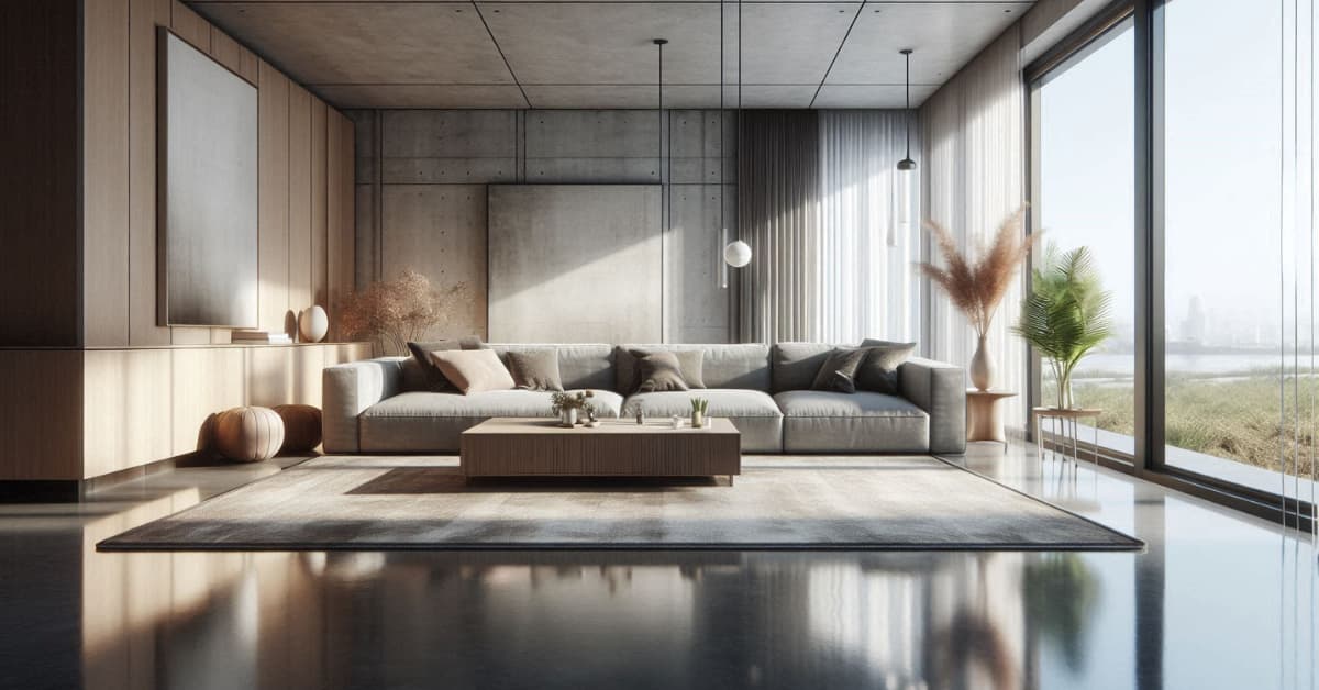 Living room with polished concrete floor, sleek sofa, minimalist coffee table, area rug, bright natural lighting, modern décor”
