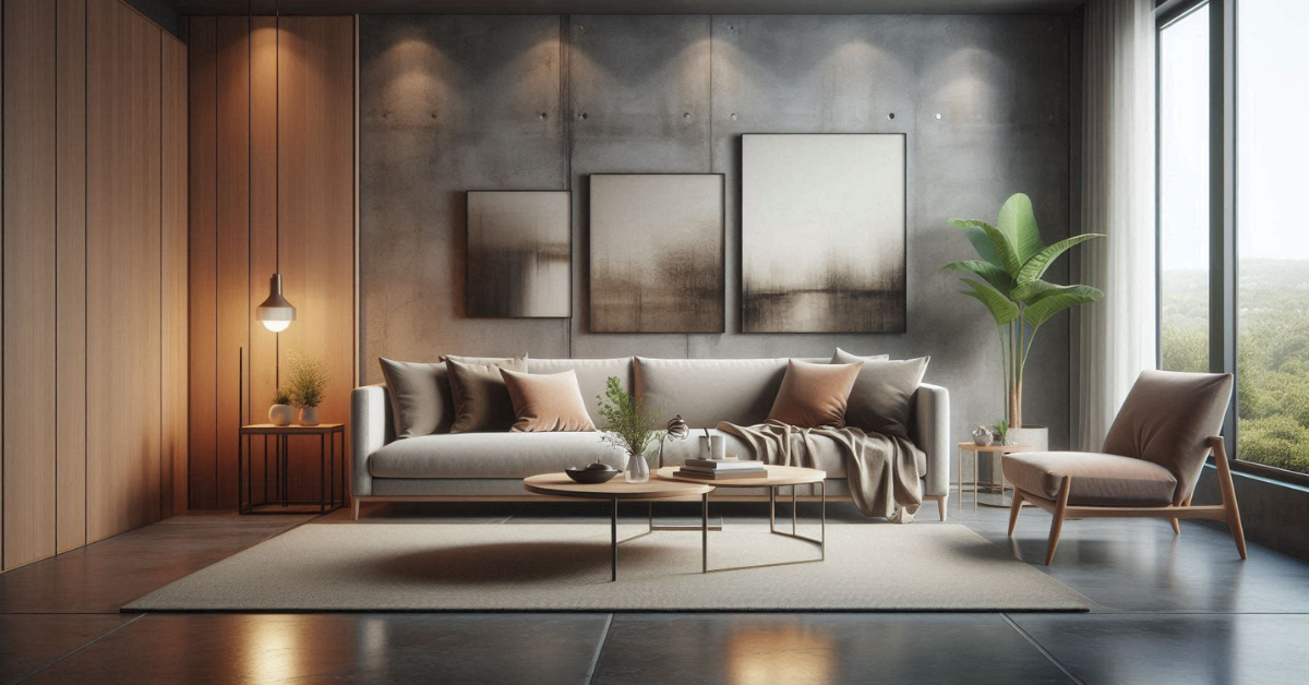 Living room with stained concrete floor in warm gray tones, neutral sofa, wooden coffee table, stylish contemporary décor”