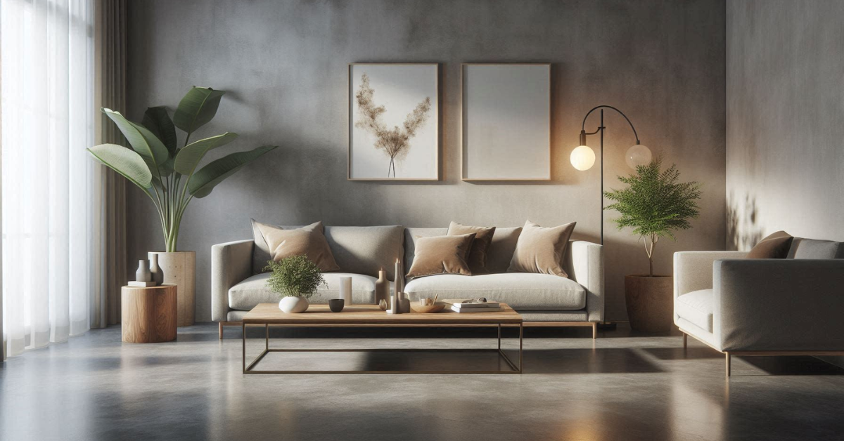 Modern living room with textured concrete floor, soft rug, neutral furniture, contemporary décor, natural light