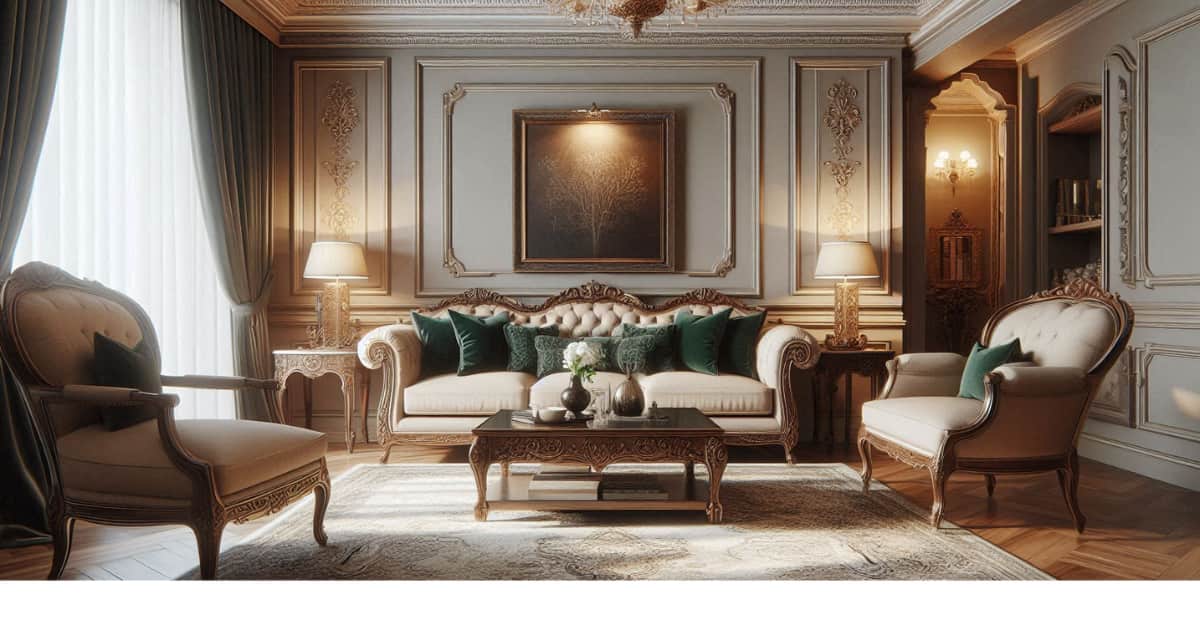 Elegant living room with beige sofa, deep green accents, and classic decor style.
