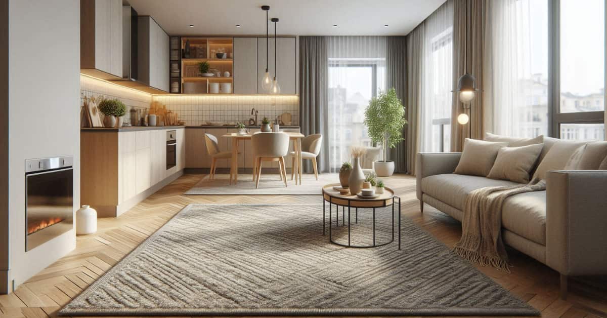 Neutral rug defining living area in a small kitchen and living room combo.
