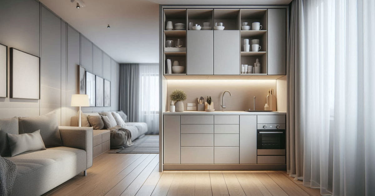 Small kitchen with sleek cabinets extending into the living room storage