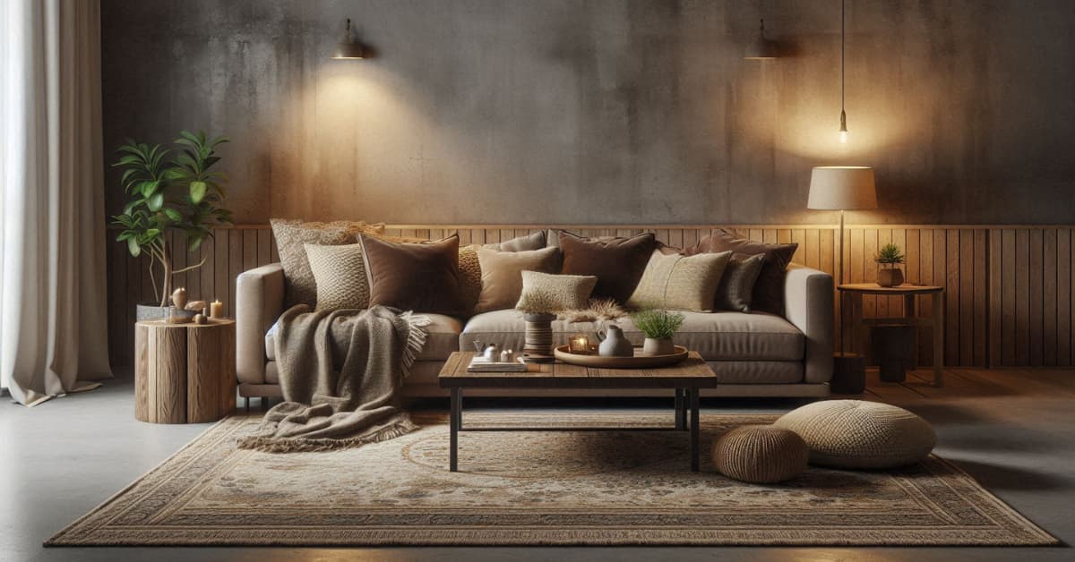 Basement living room with taupe-stained concrete floor, dark beige sofa, wooden coffee table, cozy layered décor”