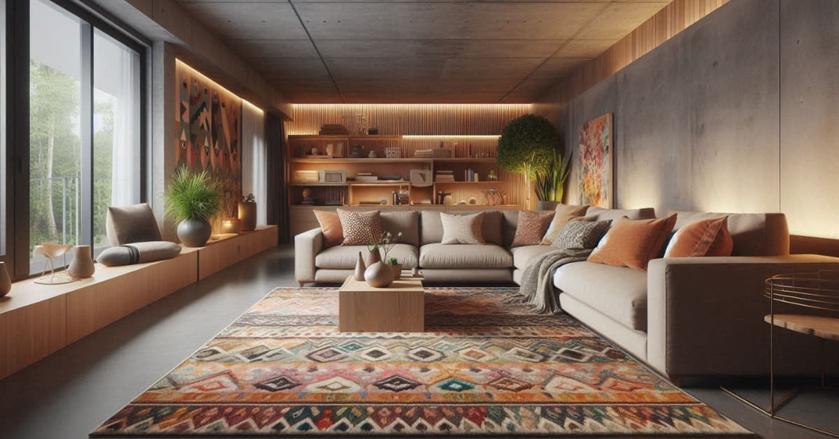 Basement living room with textured concrete floor, patterned rug, neutral sofa, wooden accents, modern cozy décor