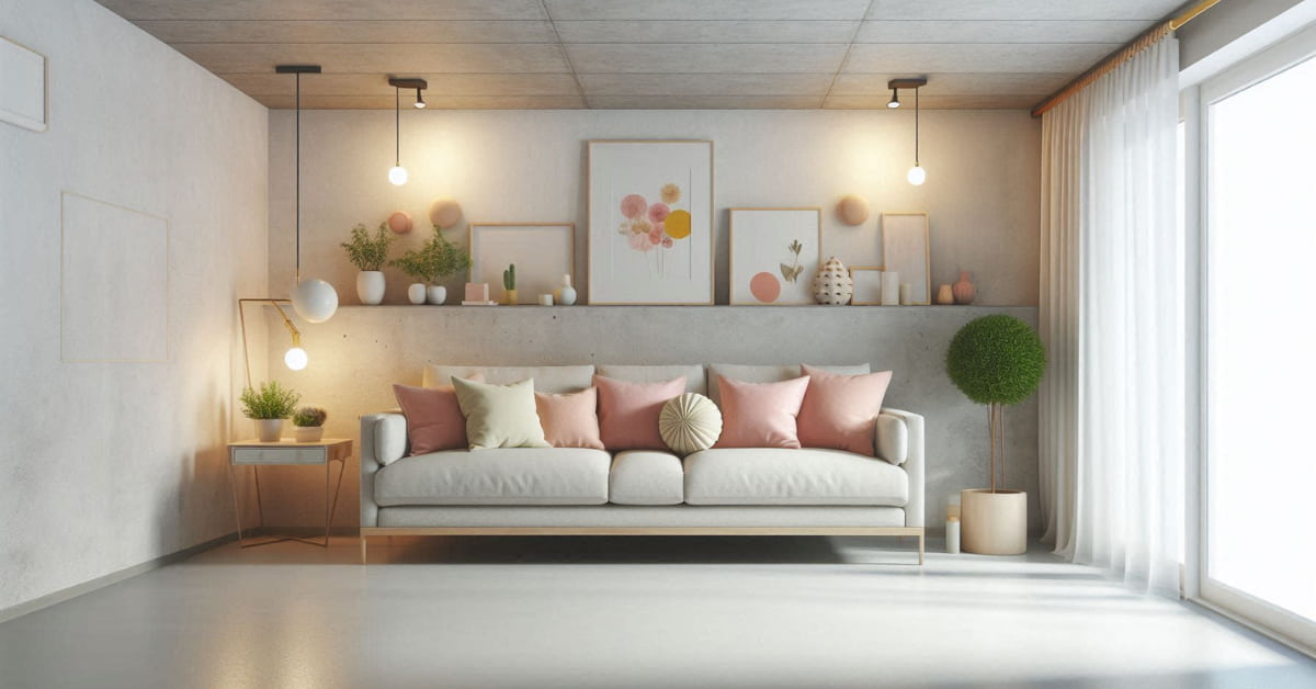 Basement living room with light grey concrete floor, neutral sofa, white walls, pastel cushions, bright cozy décor”