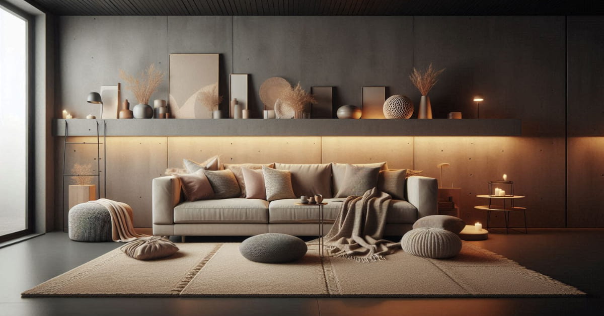 “Basement living room with dark grey concrete floor, beige sofa, layered rugs, warm lighting, modern cozy décor