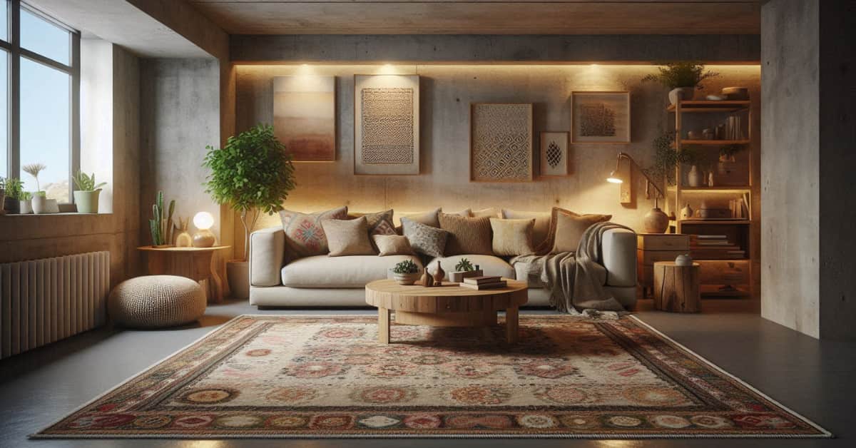 Basement living room with concrete floor, layered patterned rugs, neutral sofa, wooden coffee table, cozy décor