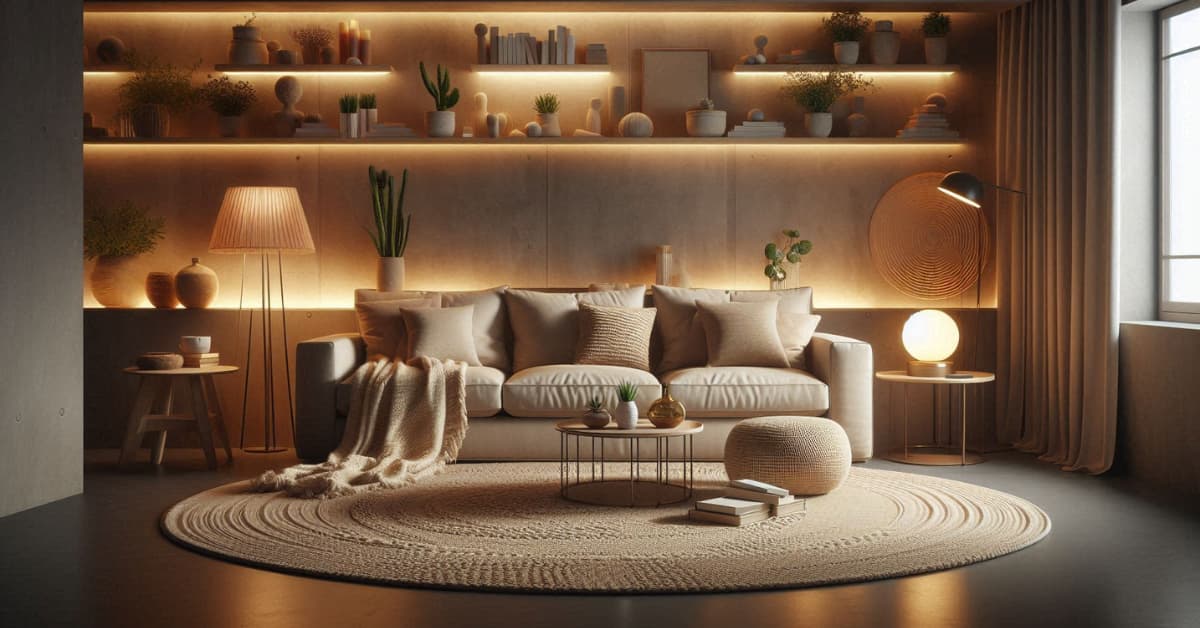 “Basement living room with concrete floor, layered warm lighting, beige sofa, layered rugs, modern cozy décor”