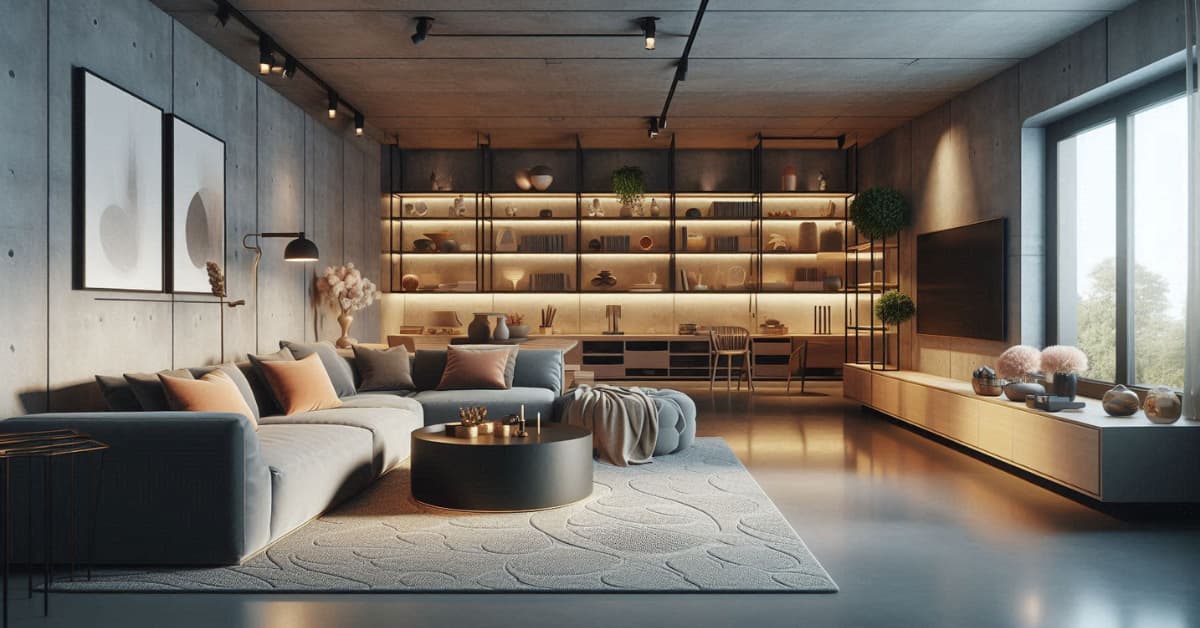 Basement living room with concrete floor, low-profile sofa, modern coffee table, multi-functional décor, cozy styling”