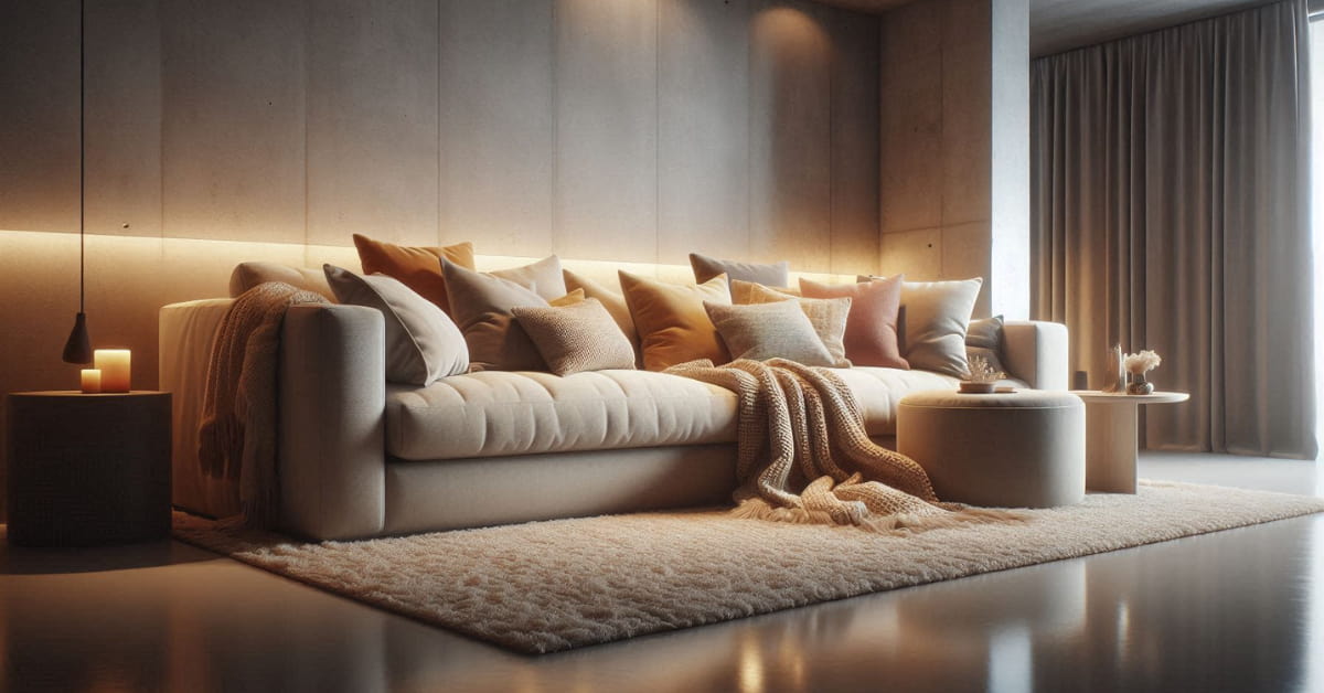 Basement living room with concrete floor, neutral sofa, layered cushions and rugs, soft warm lighting”